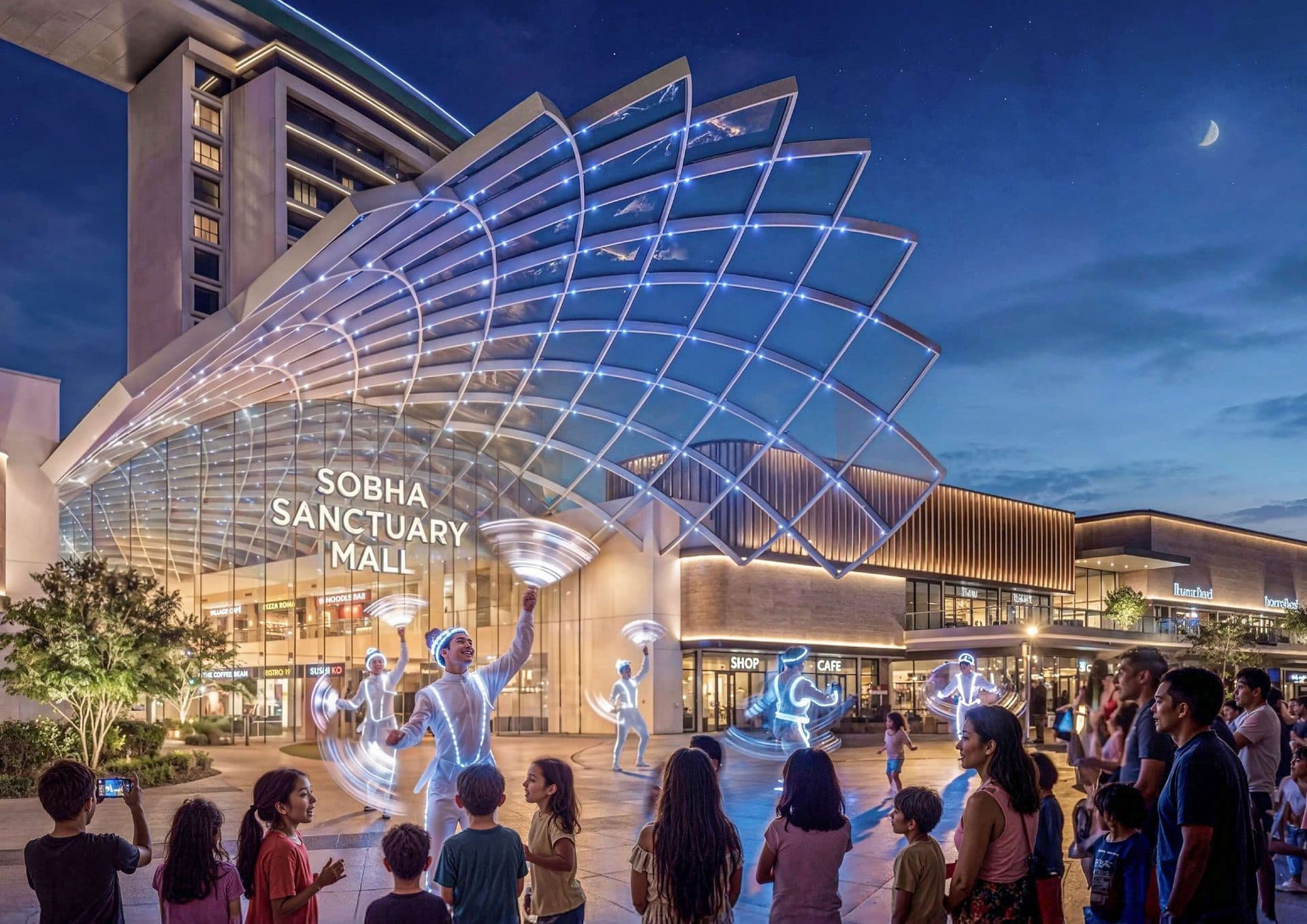 Rendering of the illuminated Sobha Sanctuary Mall entrance at night with a light installation and performers