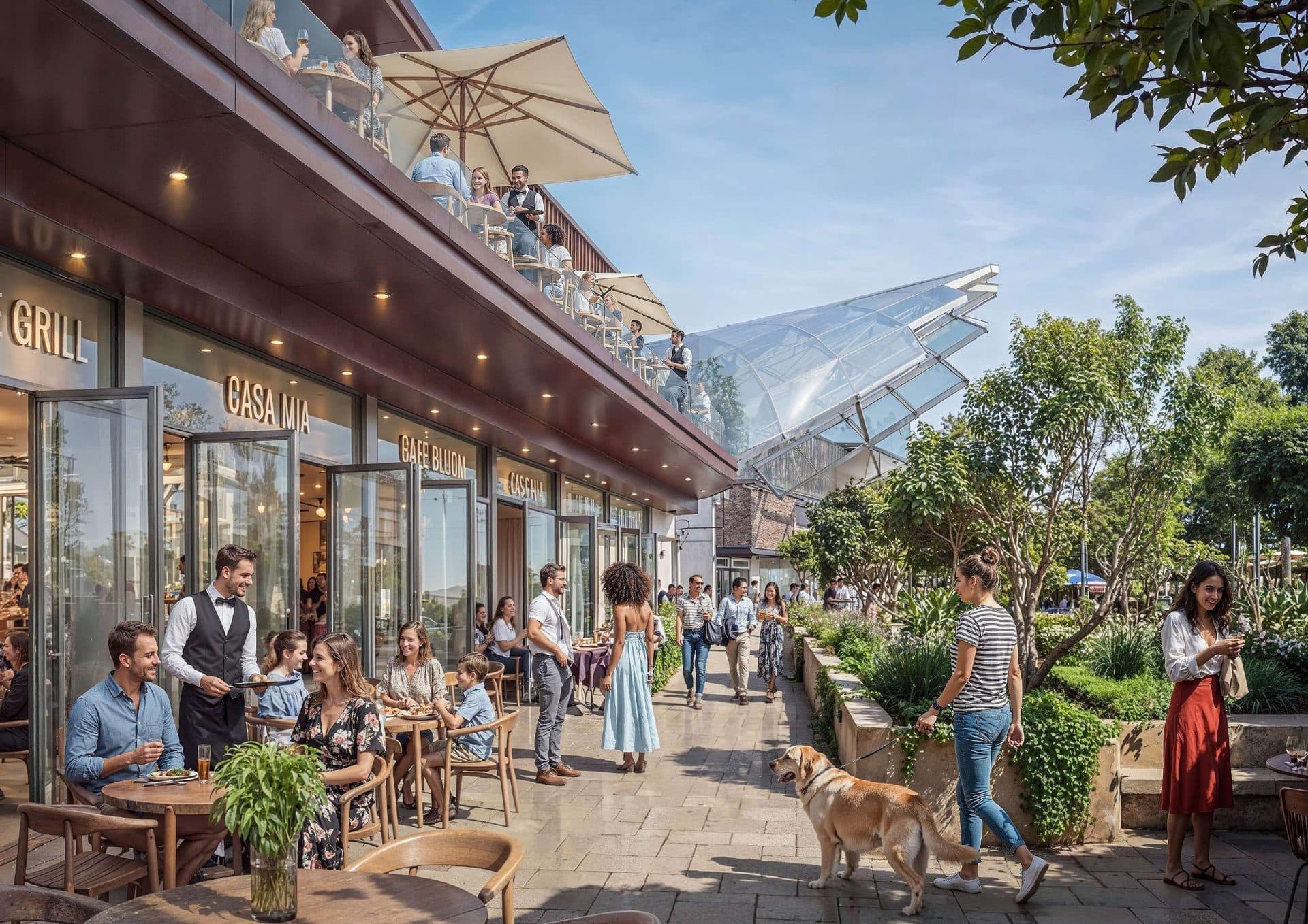 Rendering of the community’s outdoor dining strip with restaurant terraces, alfresco seating and tree-lined walkways