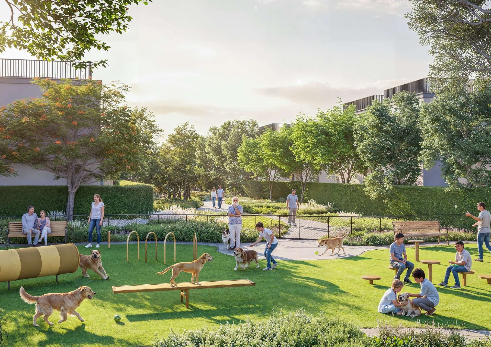 Rendering of the community dog park with agility equipment and residents playing with their dogs