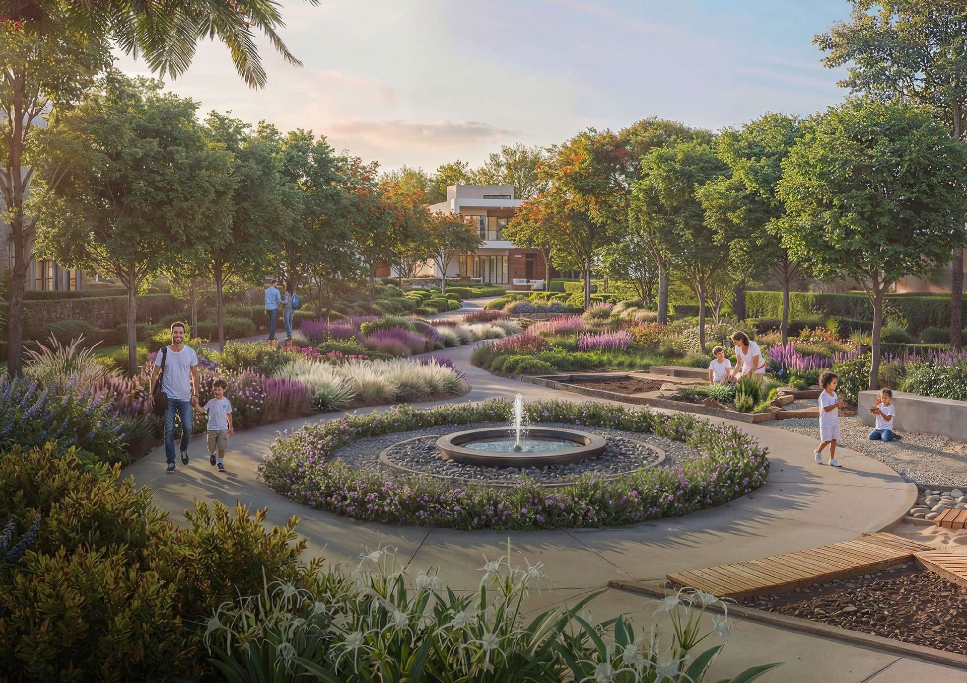 Rendering of a landscaped garden with a circular fountain, walking paths and flower beds within Sobha Sanctuary
