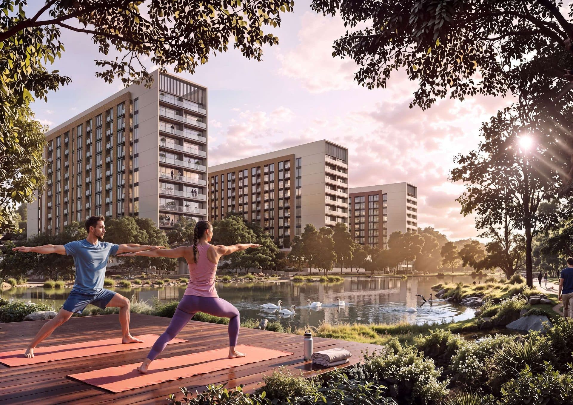 Rendering of residents practising yoga on a lakeside deck with swans, overlooked by the community’s residential towers
