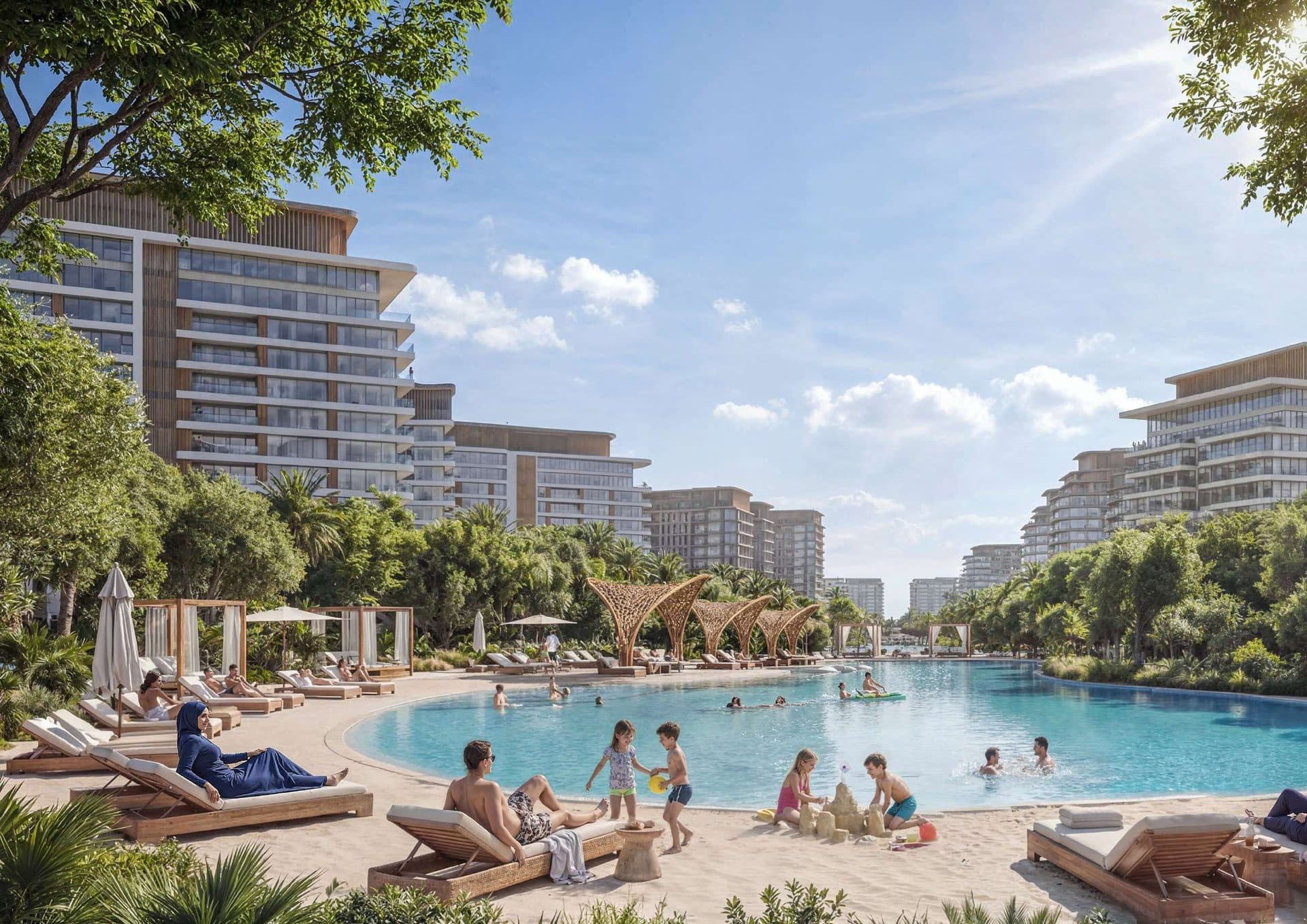 Rendering of the resort-style lagoon pool and beach-entry area with sun loungers, cabanas and a family playing in the sand