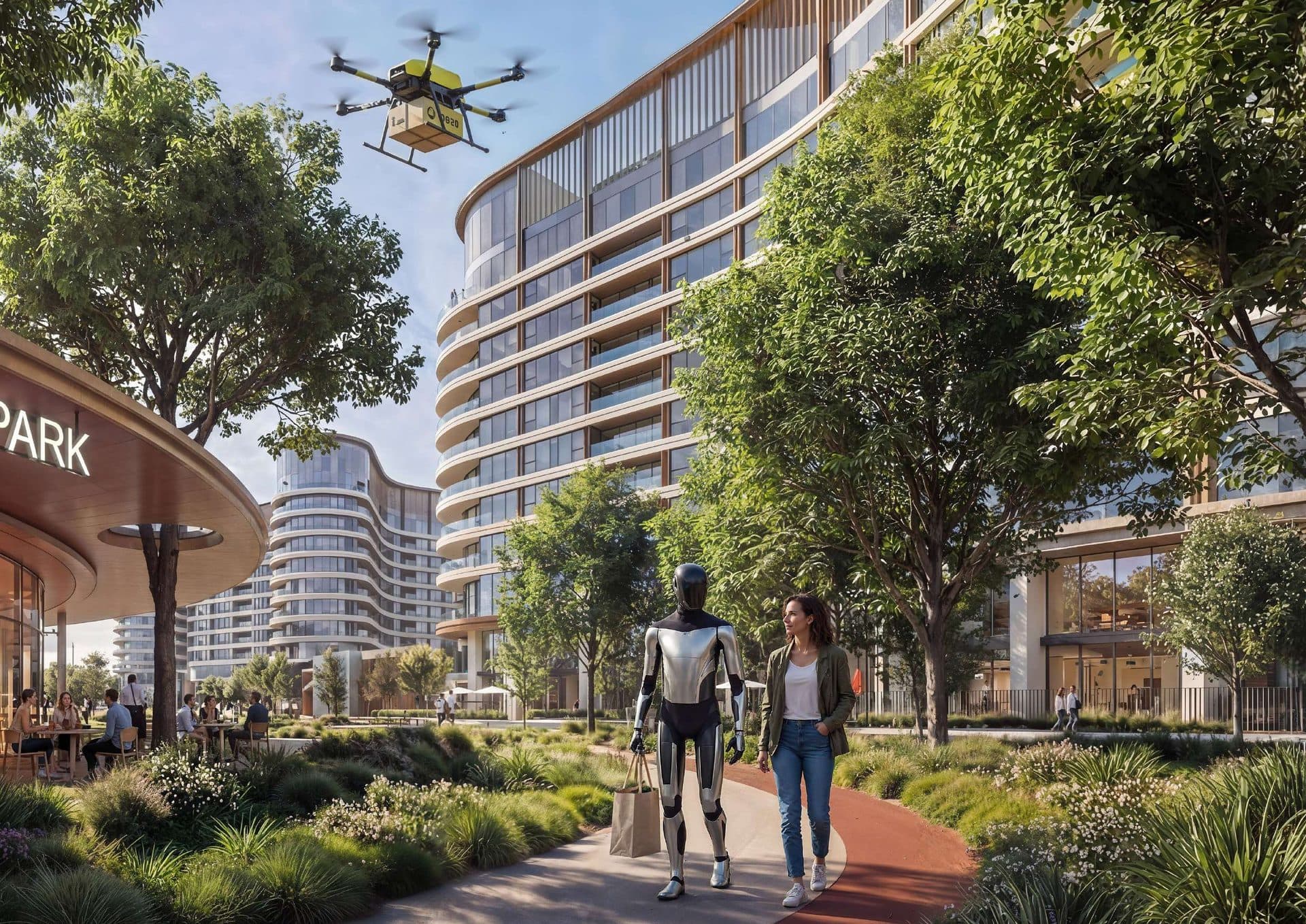 Rendering of the landscaped promenade at The Woods, Sobha Sanctuary, with a café terrace and the residential tower beyond