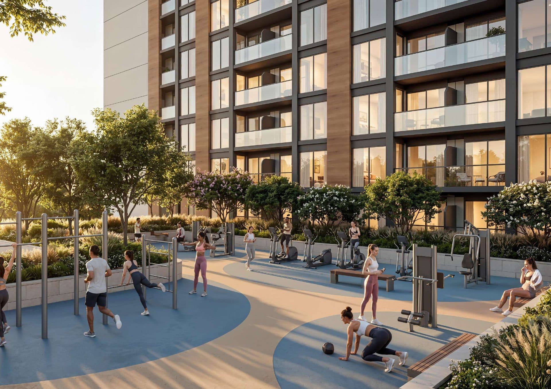Rendering of the outdoor fitness area at Sobha Sanctuary, with calisthenics equipment, a jogging track and residential balconies overlooking the greenery