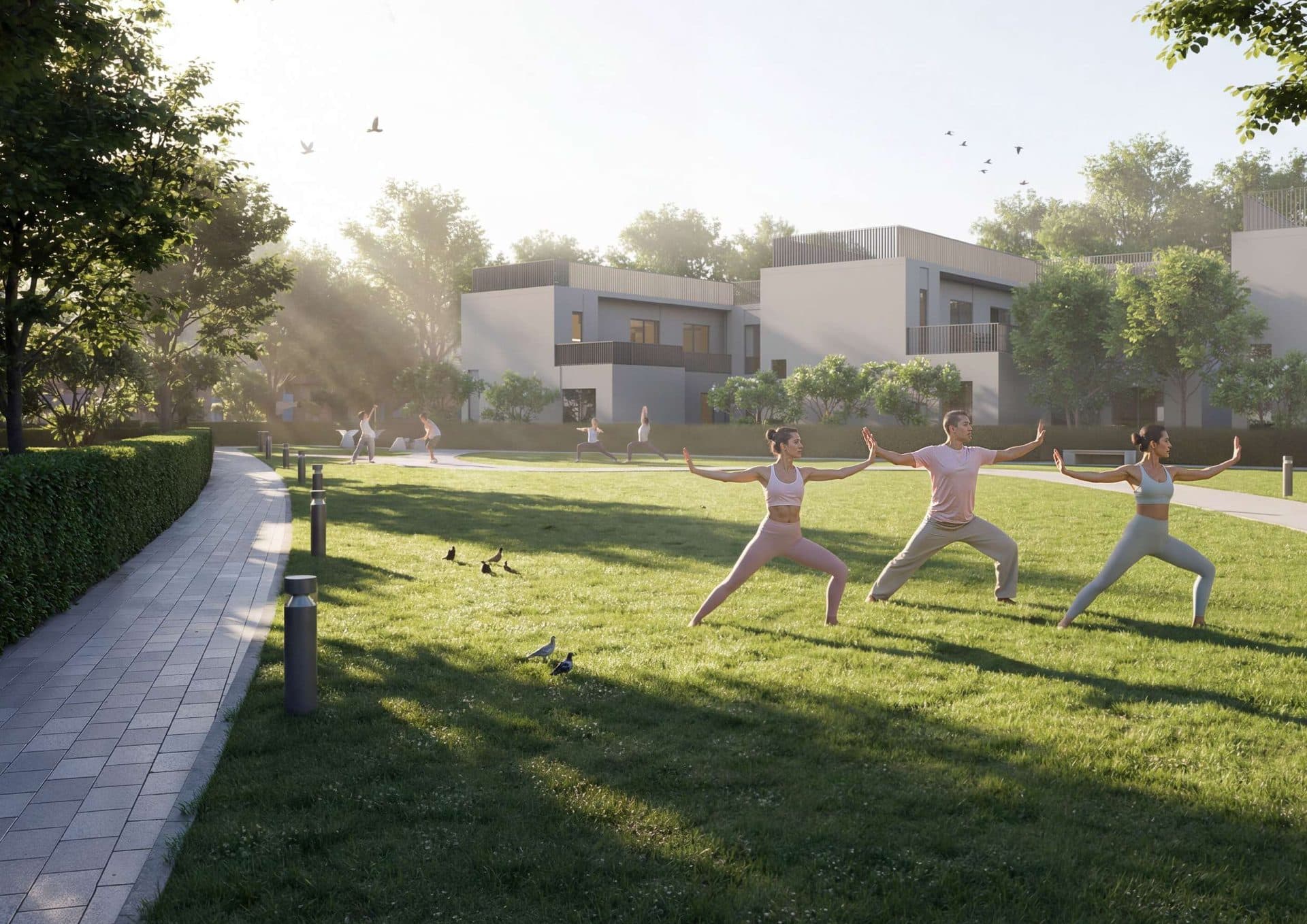 Rendering of residents practising yoga outdoors on the lawns of Sobha Sanctuary, surrounded by villas and mature trees