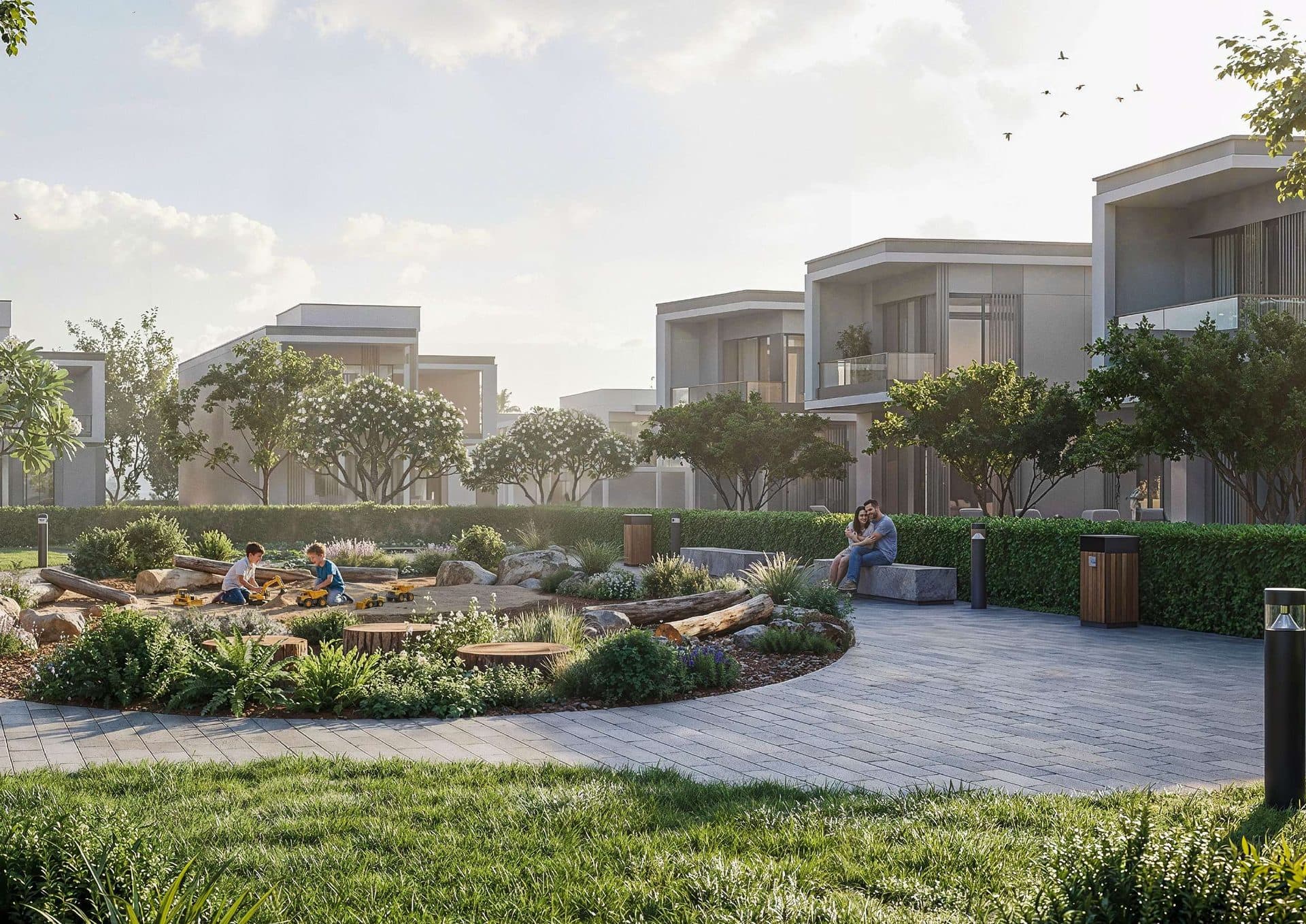 Rendering of a children’s play area and seating garden between the villas at Sobha Sanctuary