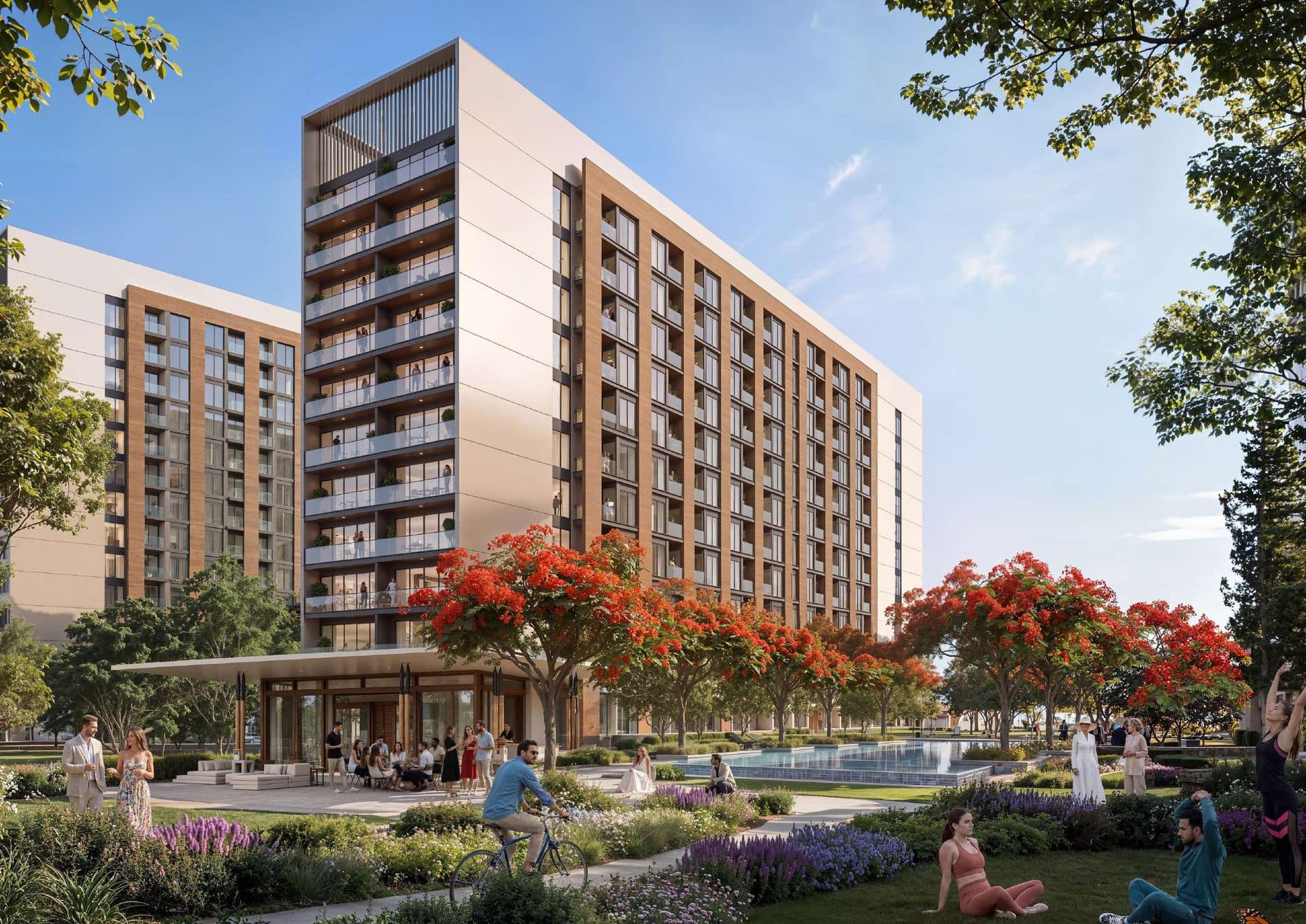 Exterior rendering of The Woods residential tower at Sobha Sanctuary, surrounded by gardens and a swimming pool