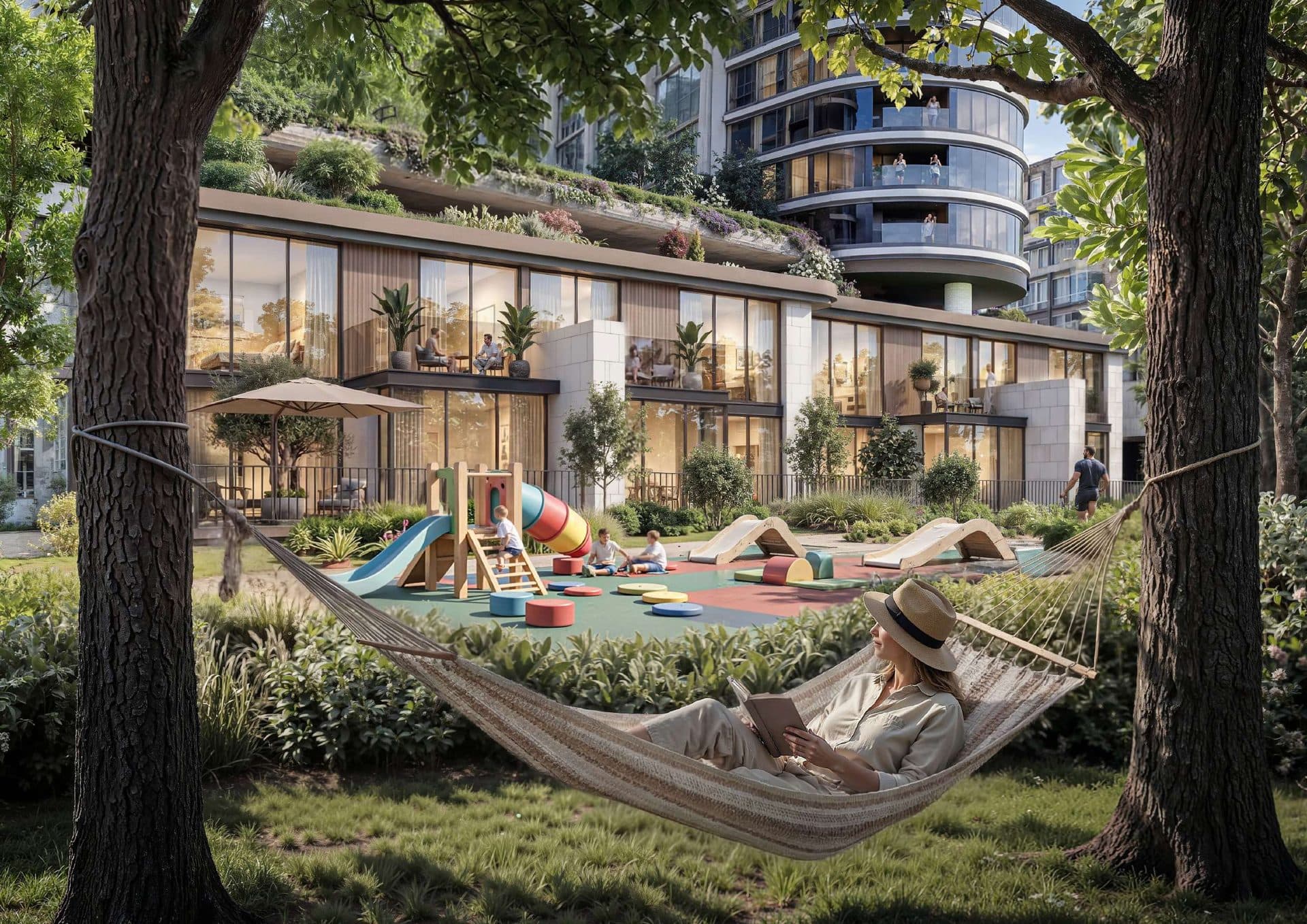 Rendering of a garden courtyard with a children’s play area and hammock at The Woods, Sobha Sanctuary