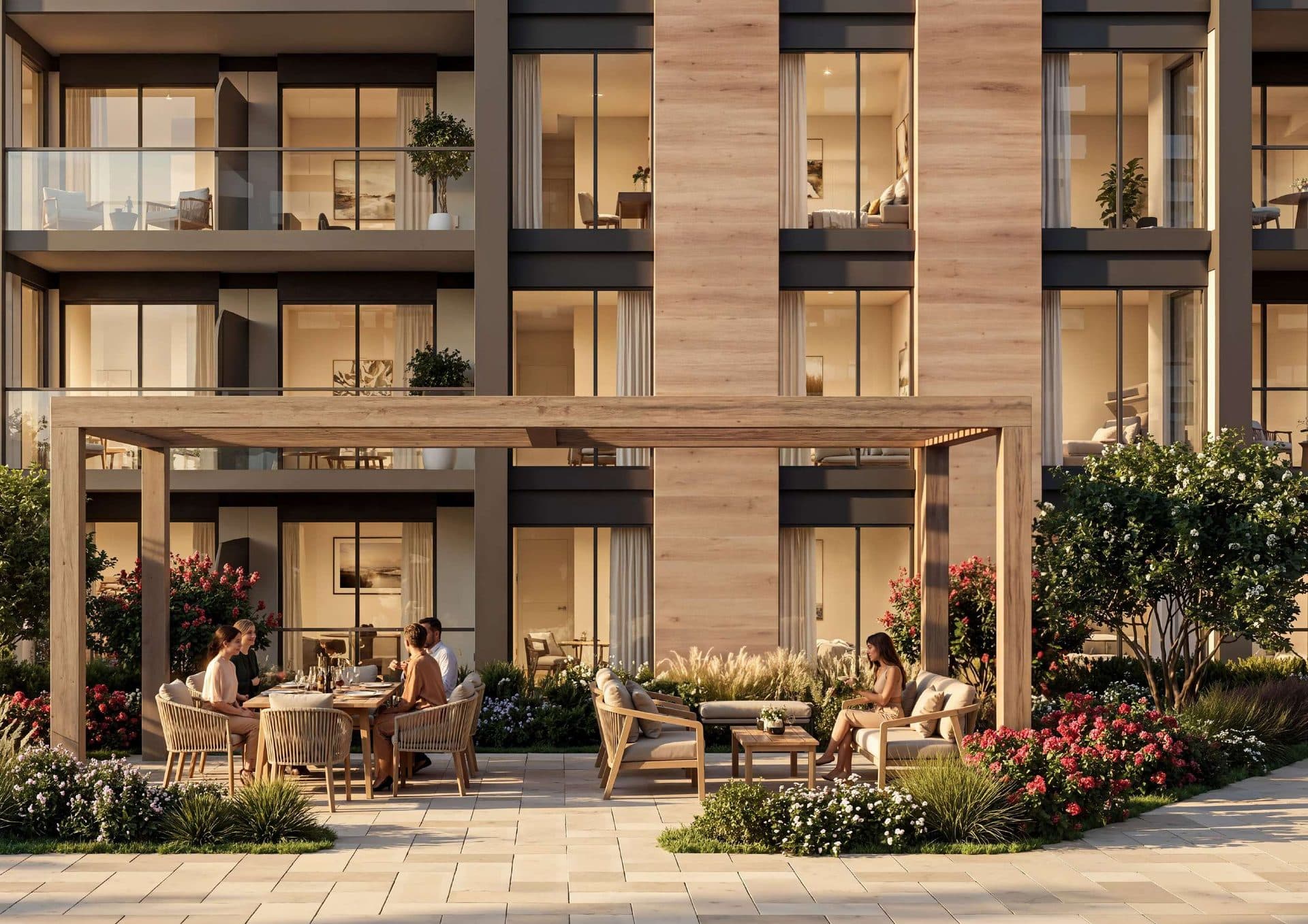 Rendering of the private terrace and outdoor dining area of a 2-bedroom Type A residence at The Woods